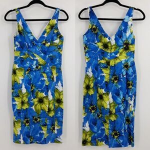 Jones New York Dress Panel Bodycon Sleeveless Tropical Floral Blue Sz 4